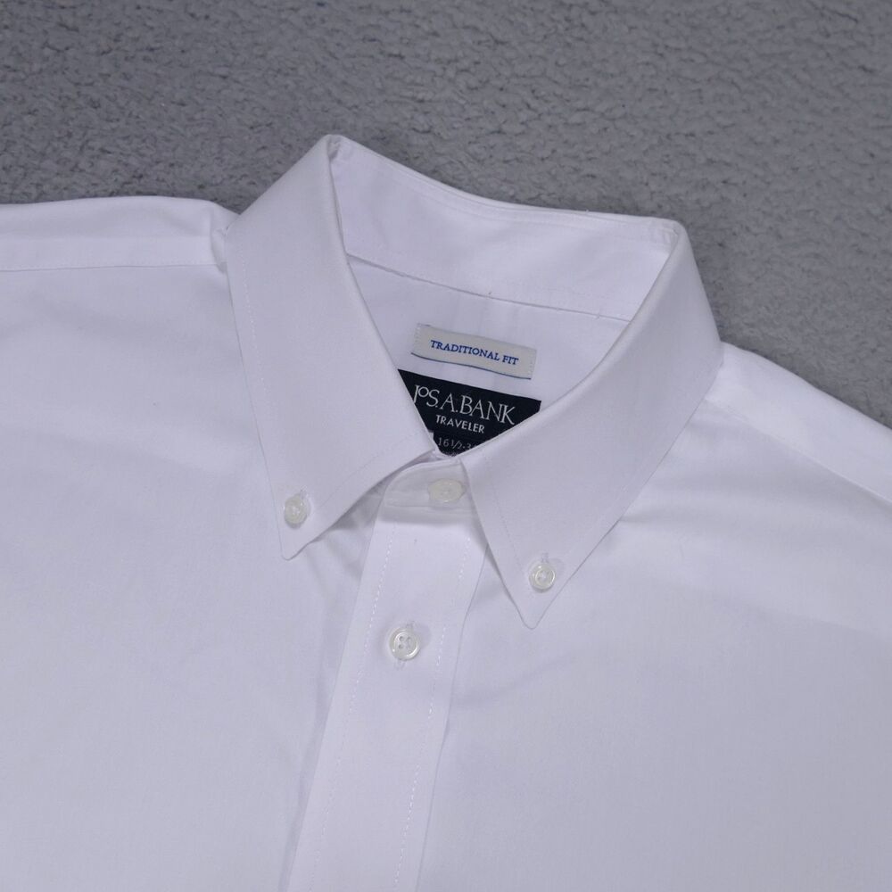 Jos A Bank Button Up Shirt Mens 16.5-34 White Solid Traditional Fit Long Sleeve
